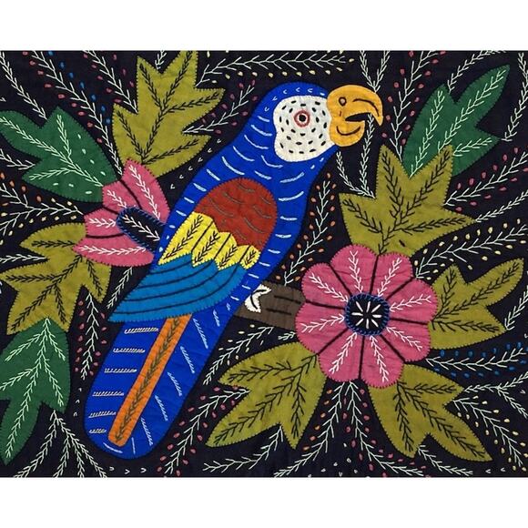Mola Textile Parrot Bird Kuna Vintage Folk Art Panel Panama 14.75" x 12.5" - Picture 2 of 3